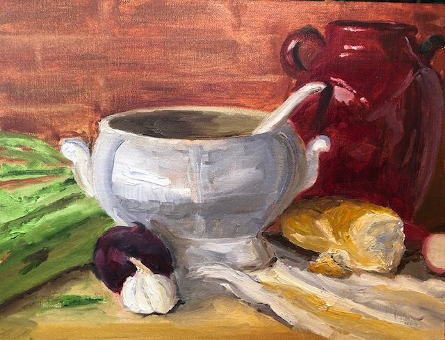 Still Life Painting Of Foods and Tablewares