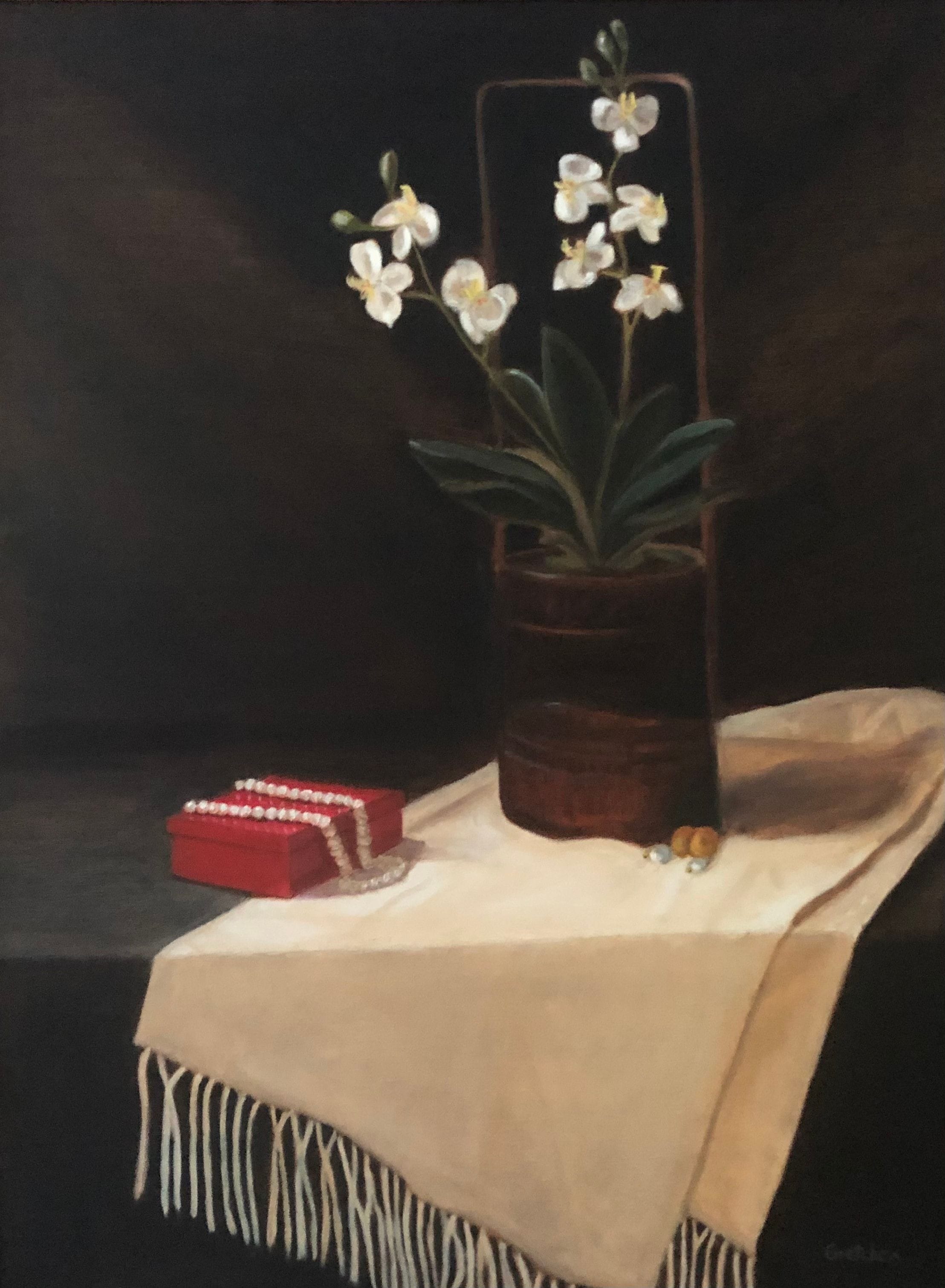 Still Life Painting Of Flower And Jewelry